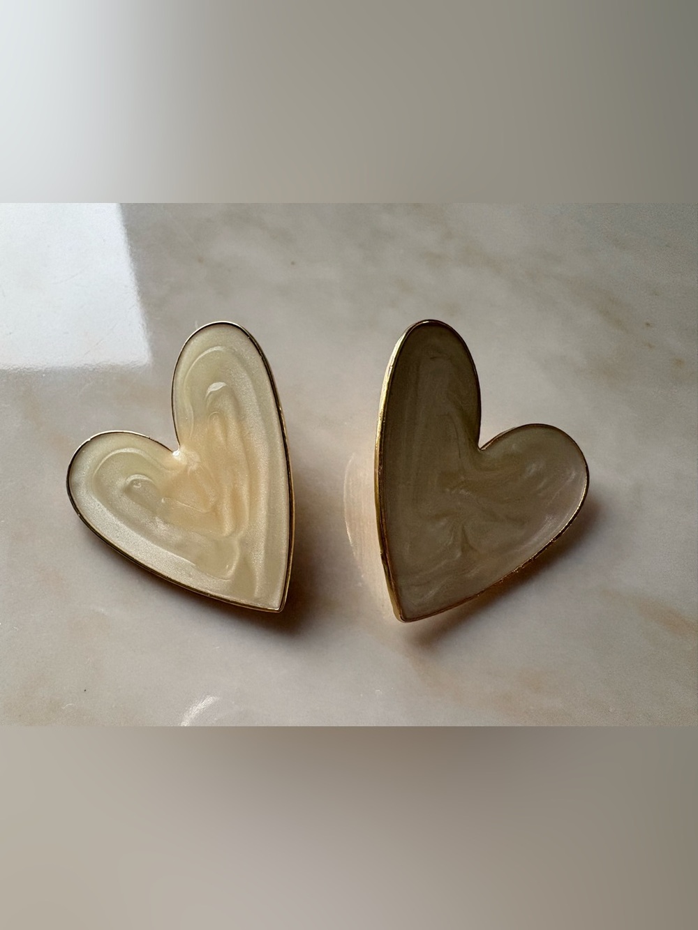 Large Gold-Trim Enemal Cream Heart Stud Earrings - Women Jewelry